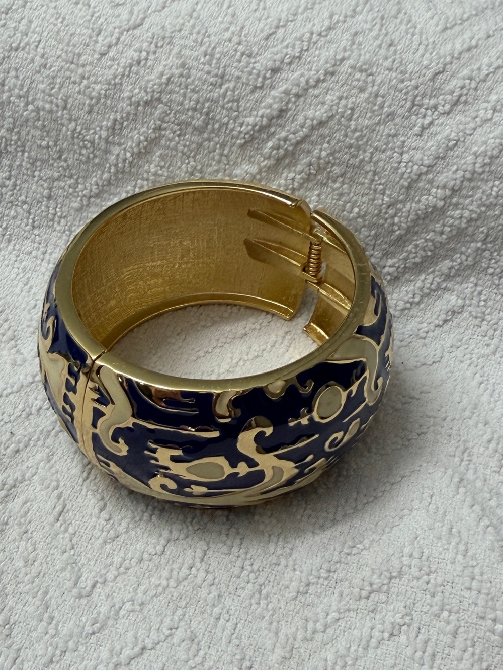 Gold and Navy Enamel Hinged Bangle Bracelet